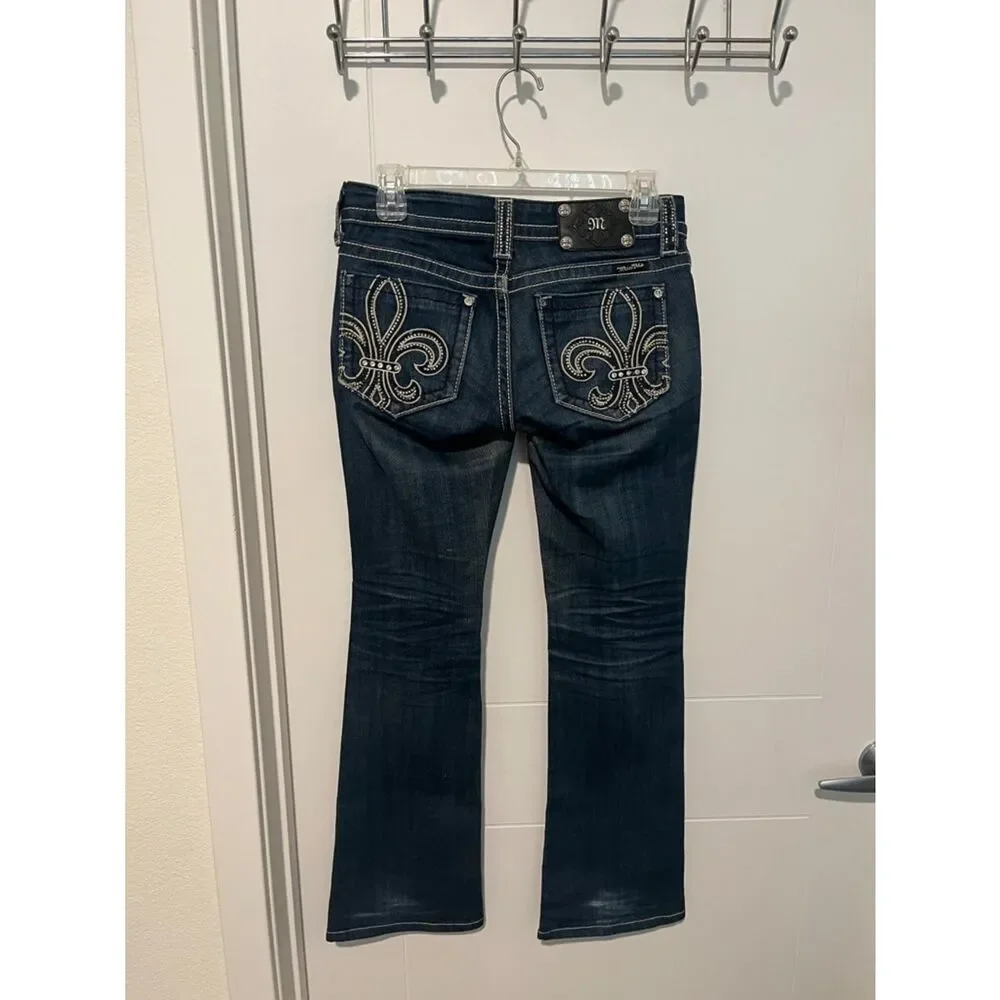 Miss Me Blue Embellished Beaded Factory Distressed Boot Jeans Western Rodeo